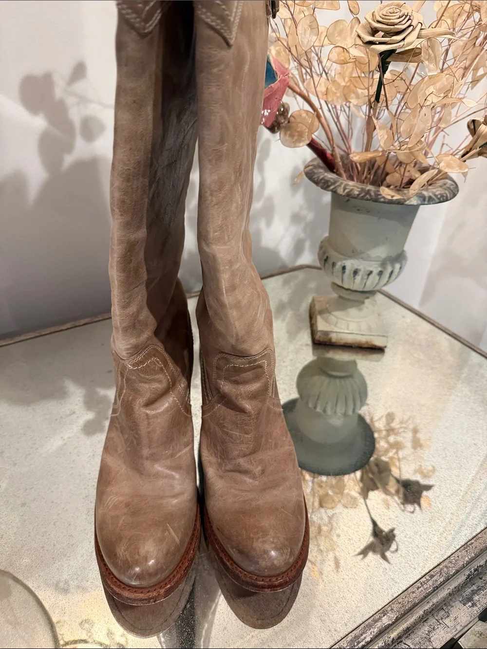 Frye Taupe Leather Over-the-Knee Boots with Buckle